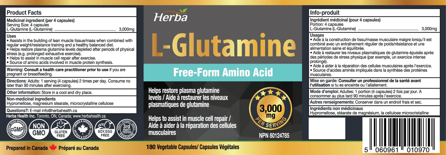 Herba L-Glutamine Capsules 750mg – 180 Vegetable Capsules | 3,000mg Per Serving