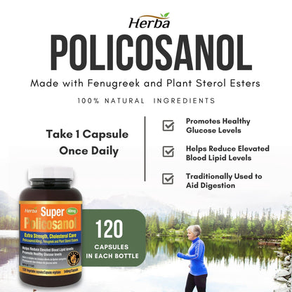 Herba Policosanol 40mg with Fenugreek and Plant Sterol Esters - 120 Vegetable Capsules