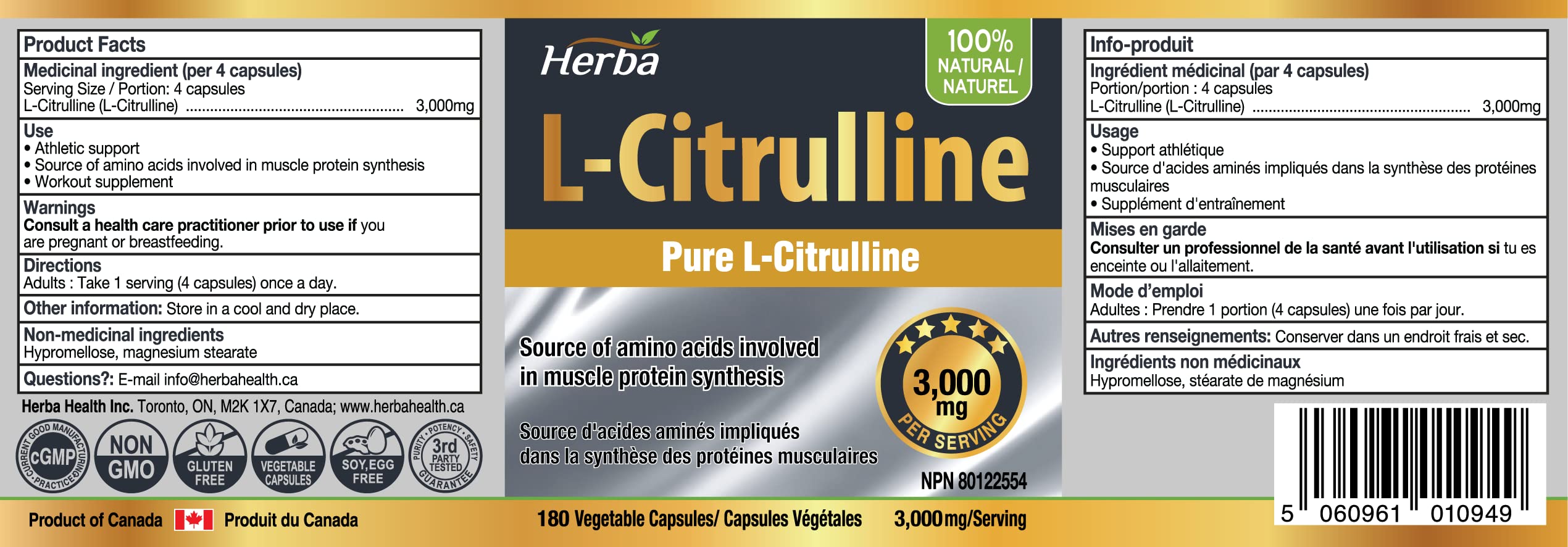 Herba L-Citrulline Capsules 750mg – 180 Vegetable Capsules