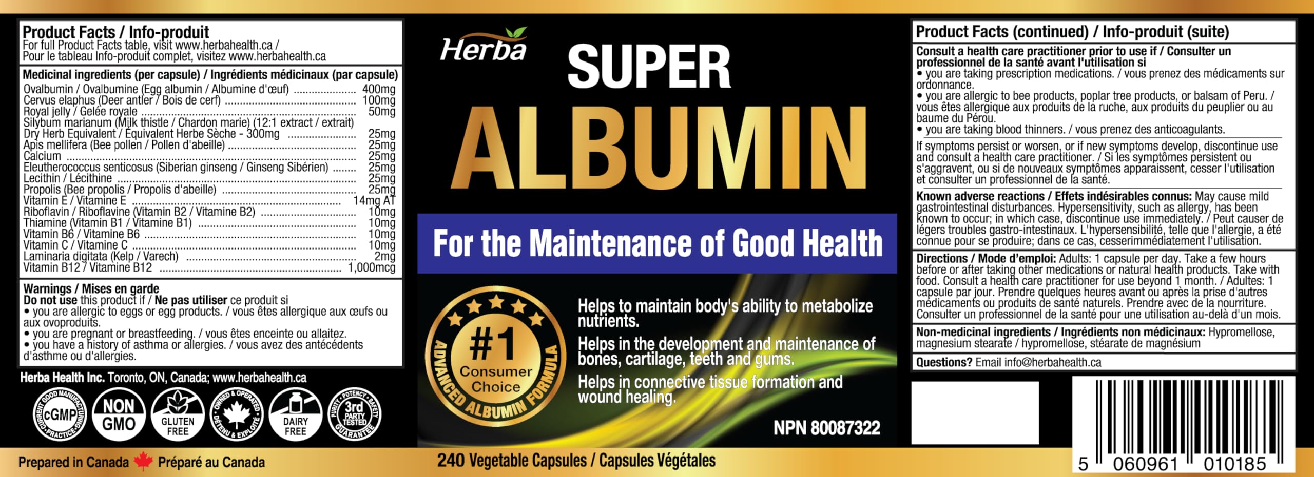 Herba Albumin Protein Supplement – 240 Vegetable Capsules | Albumin Capsules with 16 Ingredients Including Deer Antler &amp; Royal Jelly