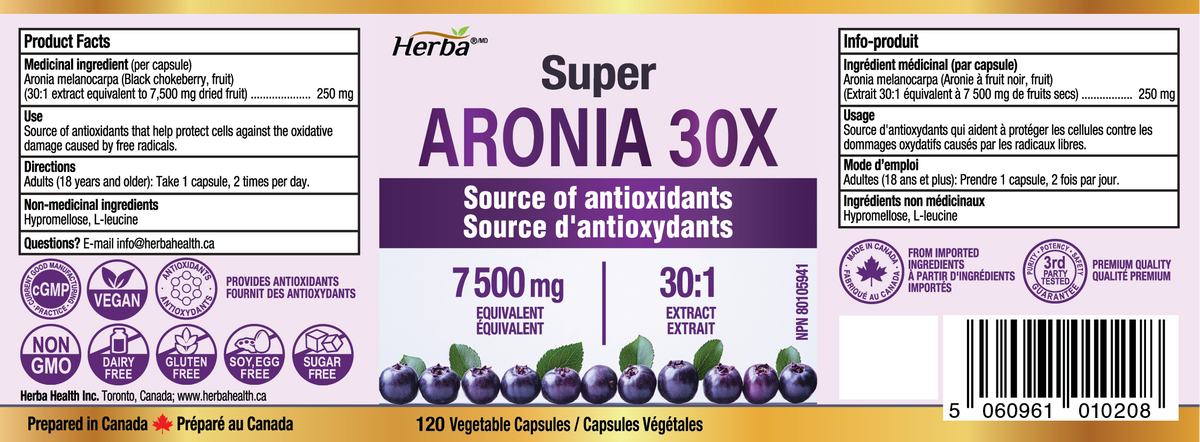 Aronia Berry Extract 250mg – 120 Capsules | 7500mg Fruit Equivalent | 30:1 Aronia Extract Supplement