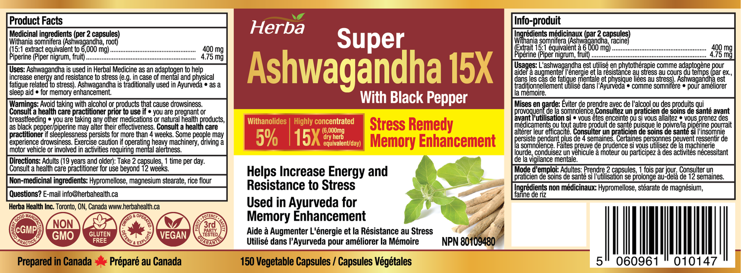 Ashwagandha Supplement - 150 Capsules | Made in Canada | 6000mg Dry Powder Equivalent Per Day