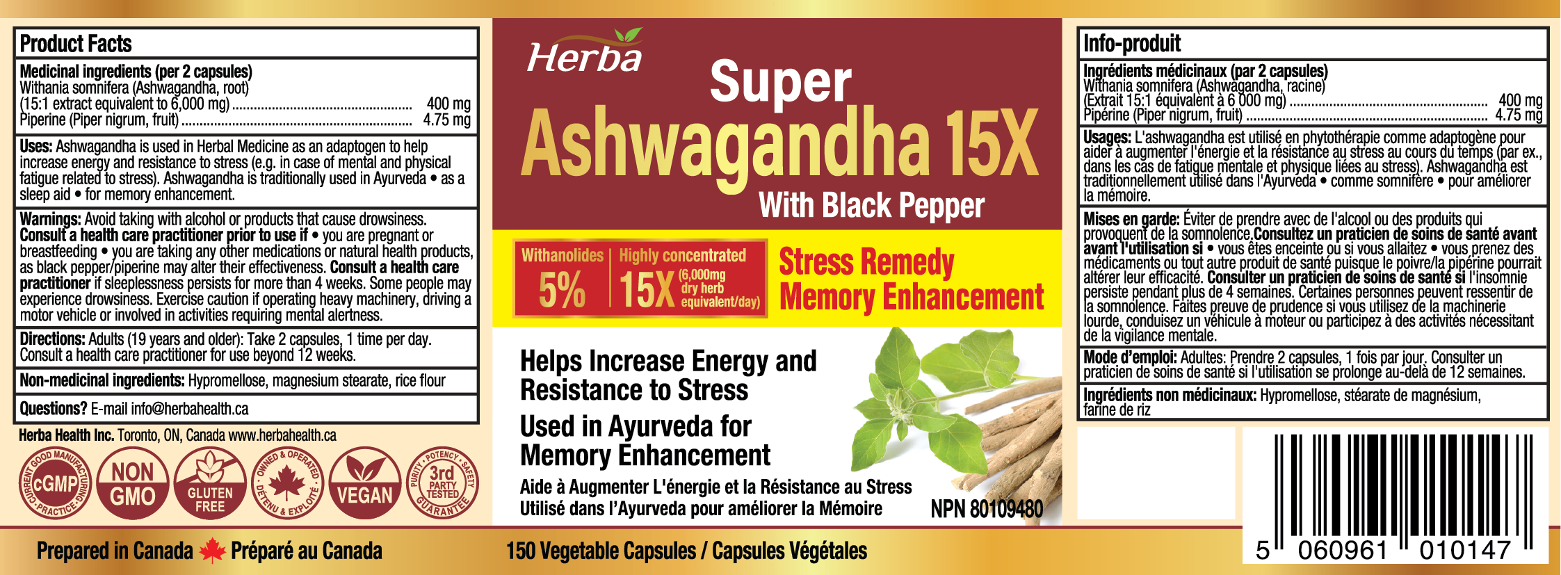 Ashwagandha Supplement - 150 Capsules | Made in Canada | 6000mg Dry Powder Equivalent Per Day