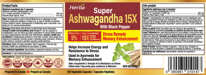 Ashwagandha Supplement - 150 Capsules | Made in Canada | 6000mg Dry Powder Equivalent Per Day