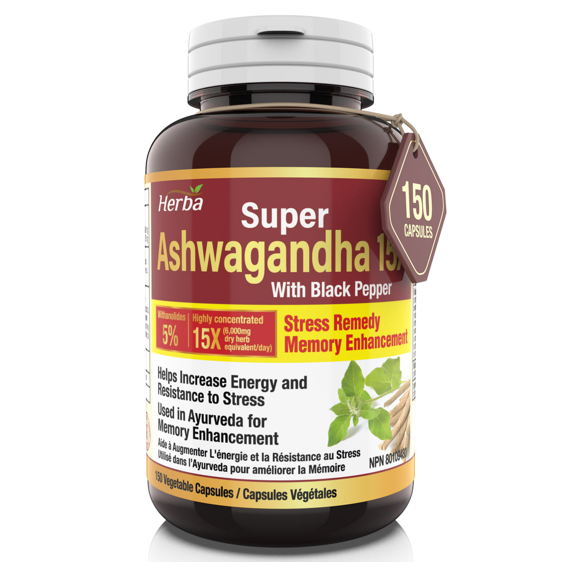 Ashwagandha Supplement - 150 Capsules | Made in Canada | 6000mg Dry Powder Equivalent Per Day