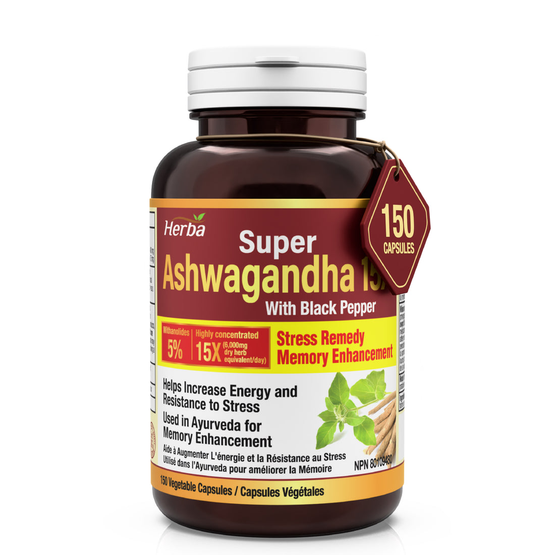 Ashwagandha Supplement - 150 Capsules | Made in Canada | 6000mg Dry Powder Equivalent Per Day