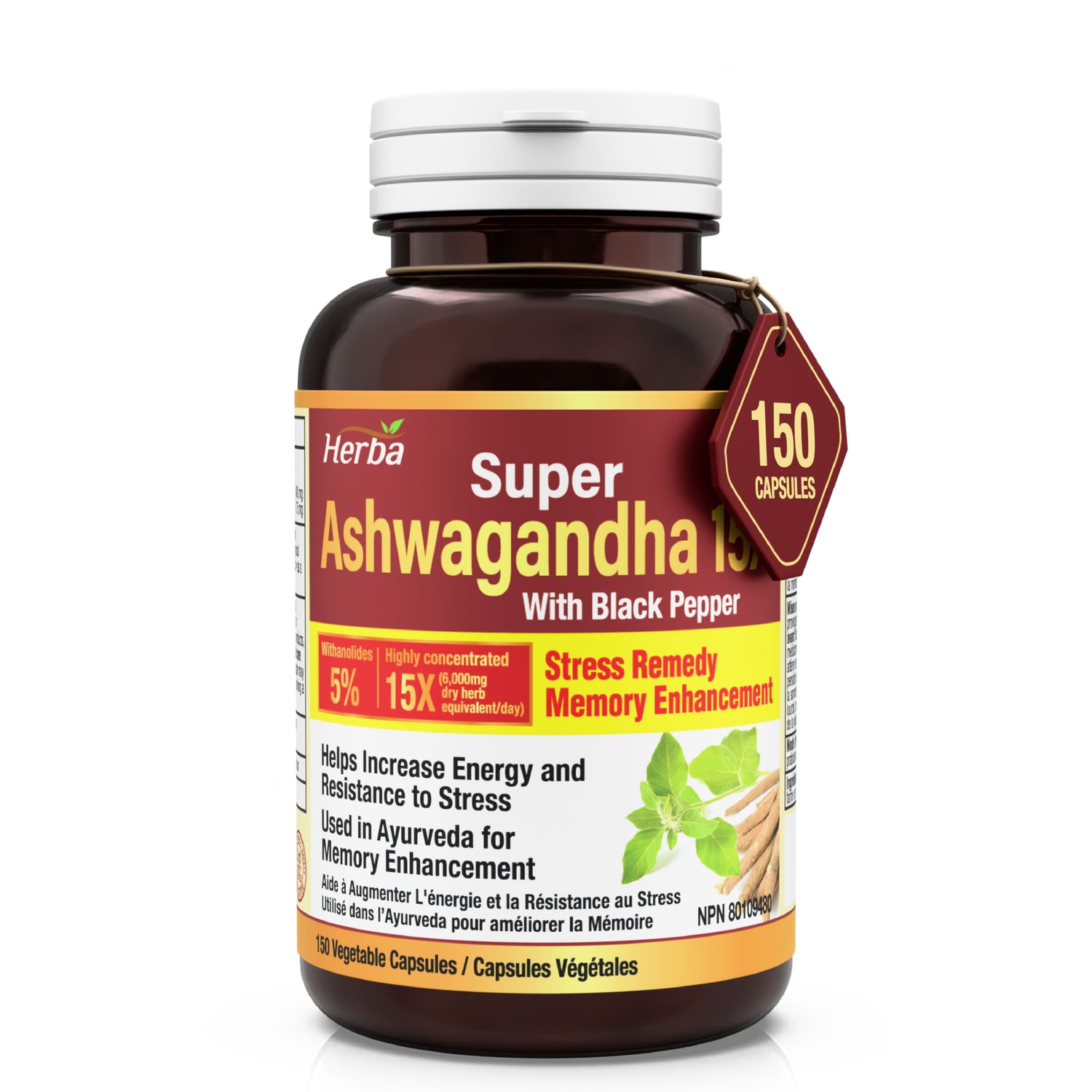 Ashwagandha Supplement - 150 Capsules | Made in Canada | 6000mg Dry Powder Equivalent Per Day