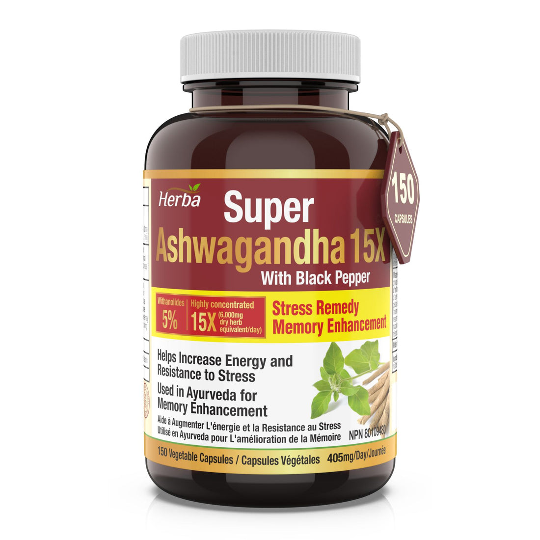 Herba Ashwagandha Extract - 150 Capsules | 6000mg Per Day | 15:1 Extra Strength