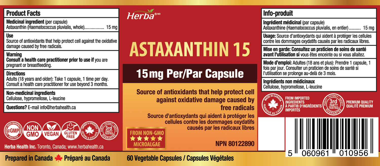 Astaxanthin Supplement 15mg – 60 Vegetable Capsules | Made in Canada
