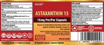 Astaxanthin Supplement 15mg – 60 Vegetable Capsules | Made in Canada