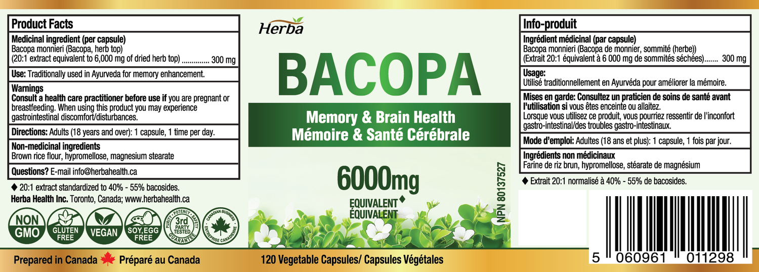 Bacopa Monnieri Supplement – 120 Capsules | 300mg, 20:1 Extract - 6,000mg Equivalent | Made in Canada