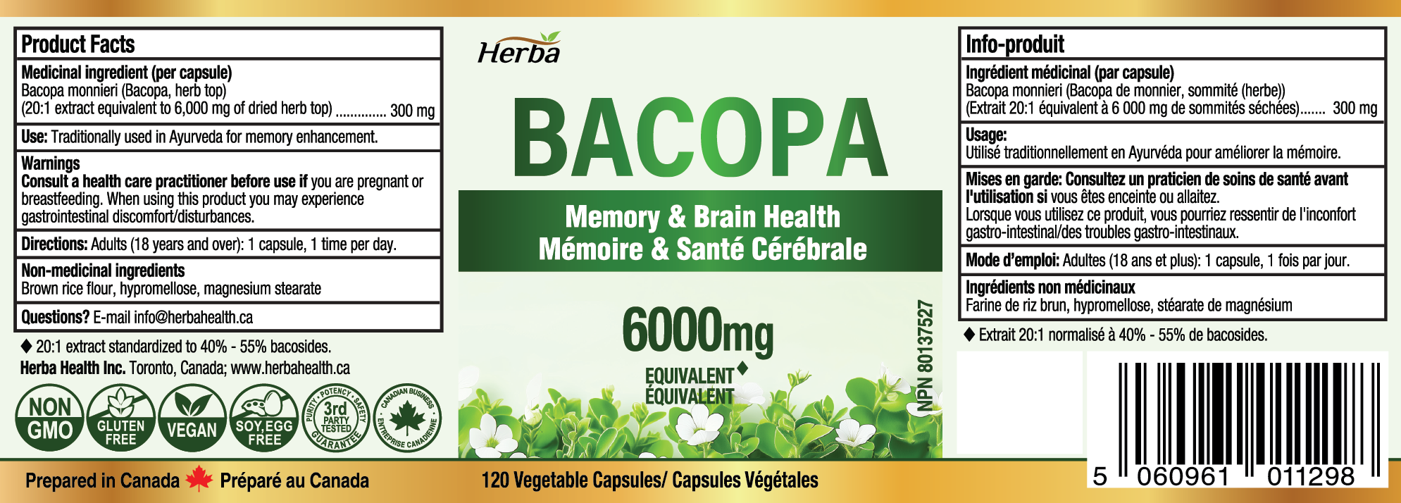Bacopa Monnieri Supplement – 120 Capsules | 300mg, 20:1 Extract - 6,000mg Equivalent | Made in Canada