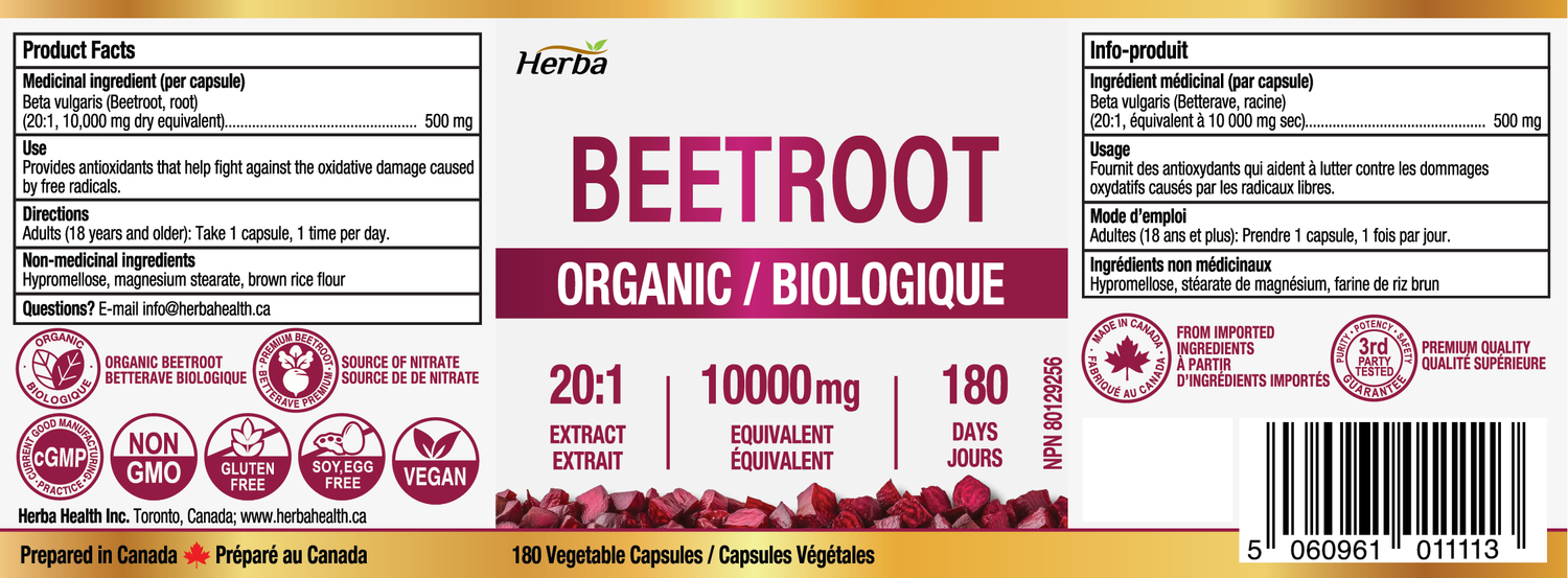 Organic Beet Root Supplement - 180 Capsules | 10,000mg Equivalent - 20:1 Extract Beetroot | Made in Canada