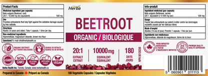 Organic Beet Root Supplement - 180 Capsules | 10,000mg Equivalent - 20:1 Extract Beetroot | Made in Canada