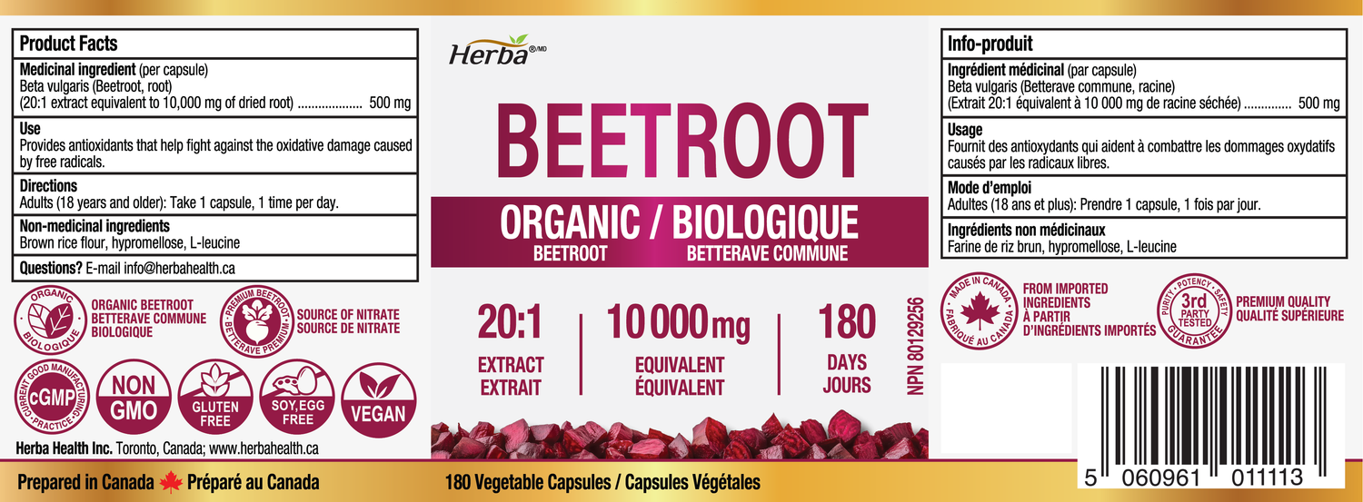Supplément de racine de betterave biologique - 180 Capsules | Équivalent à 10 000 mg - Extrait de betterave 20:1 | Fabriqué au Canada