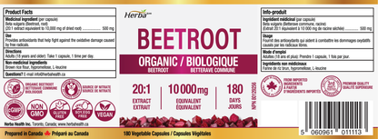 Supplément de racine de betterave biologique - 180 Capsules | Équivalent à 10 000 mg - Extrait de betterave 20:1 | Fabriqué au Canada
