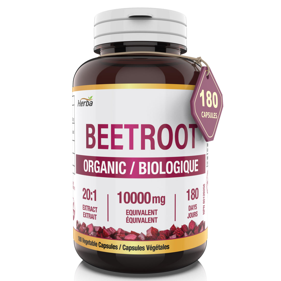 Supplément de racine de betterave biologique - 180 Capsules | Équivalent à 10 000 mg - Extrait de betterave 20:1 | Fabriqué au Canada