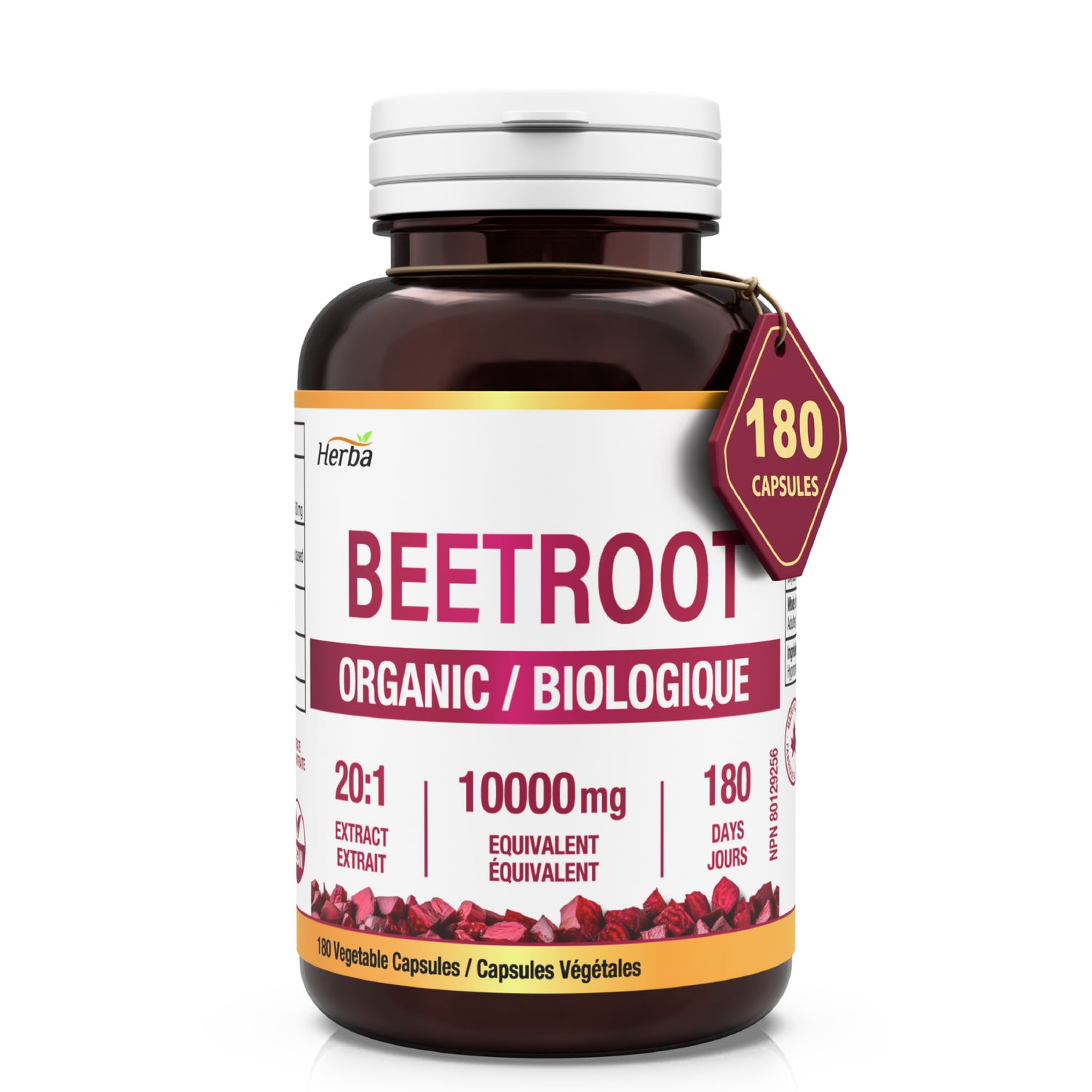 Organic Beet Root Supplement - 180 Capsules | 10,000mg Equivalent - 20:1 Extract Beetroot | Made in Canada