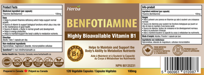 Benfotiamine 100mg - 120 Capsules | Fat Soluble Vitamin B1 | Made in Canada