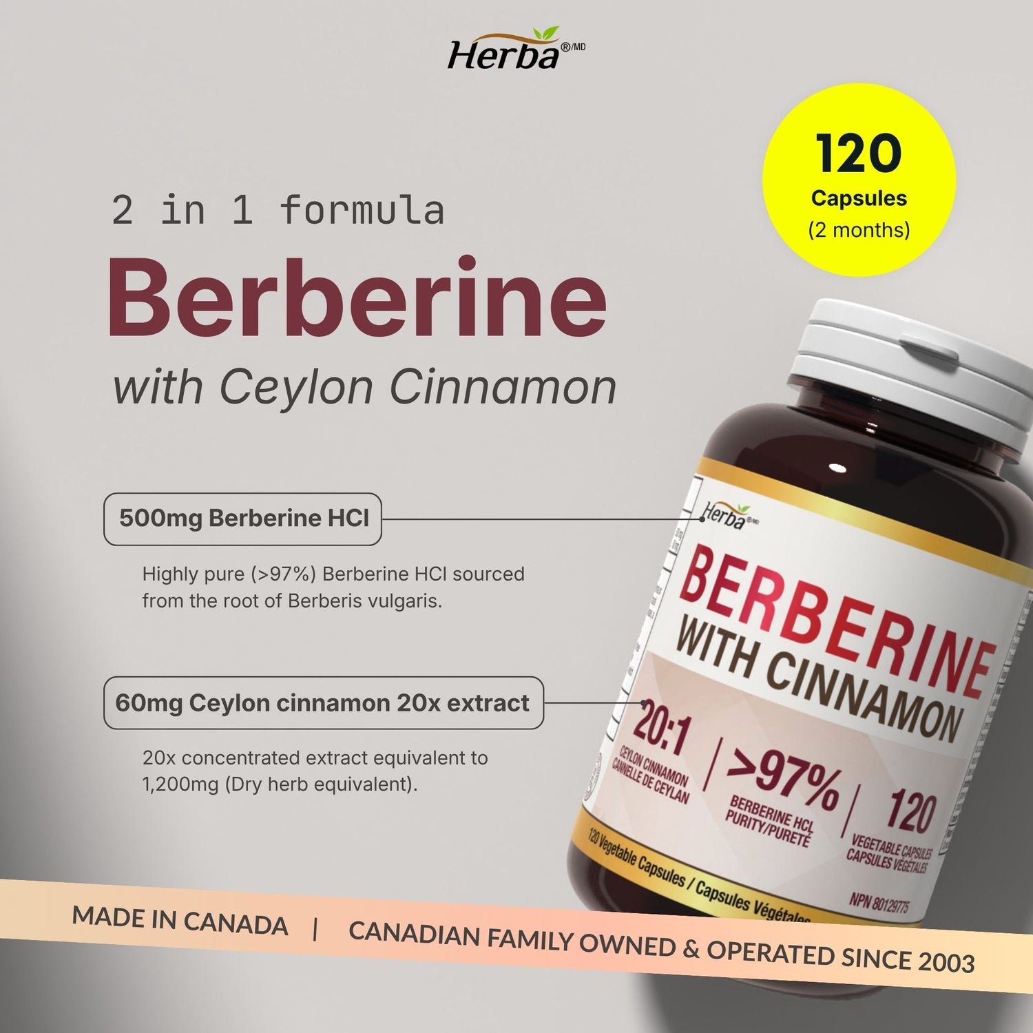 Supplément de Berbérine à la Cannelle de Ceylan – 120 Gélules | Bérberine 1000mg (par portion) | Fabriqué au Canada