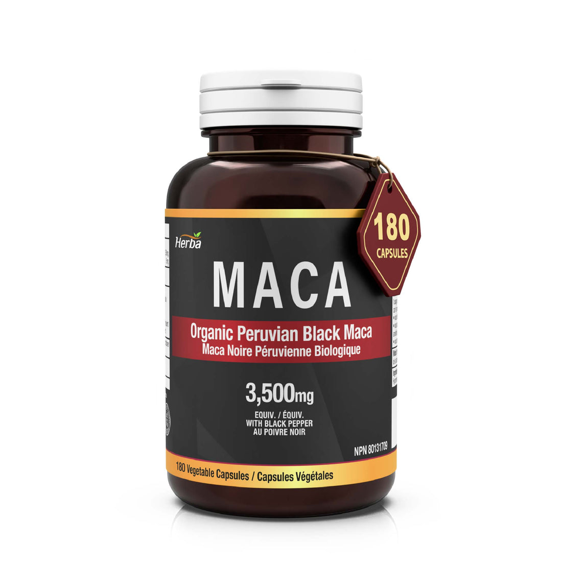Organic Black Maca Capsules - 3500mg, 180 Capsules | Peruvian Black Maca | Made in Canada