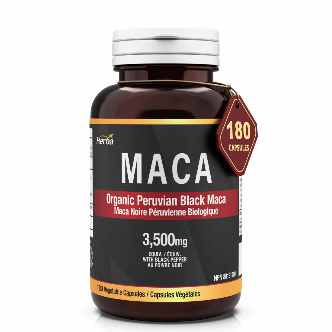 Organic Black Maca Capsules - 3500mg, 180 Capsules | Peruvian Black Maca | Made in Canada