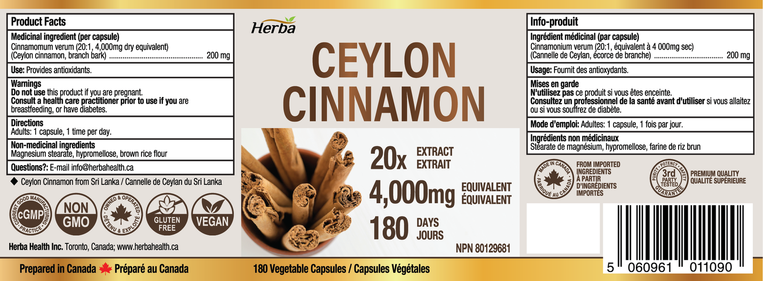 Gélules de cannelle de Ceylan 4000 mg - 180 gélules végétales | Extrait 20:1 | Fabriqué au Canada
