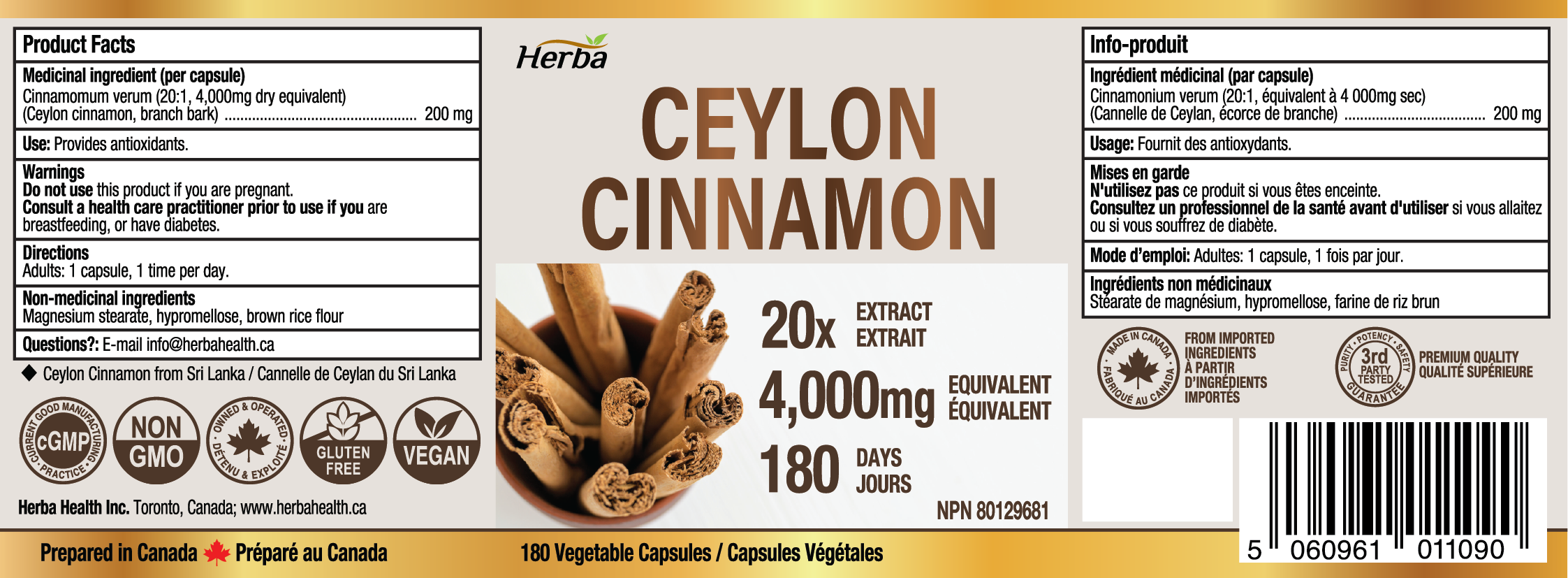 Gélules de cannelle de Ceylan 4000 mg - 180 gélules végétales | Extrait 20:1 | Fabriqué au Canada