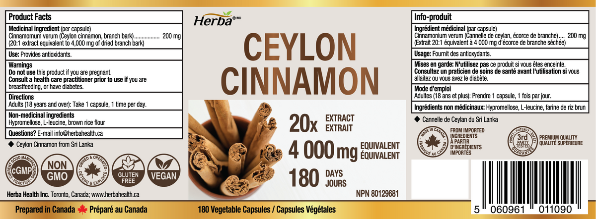Gélules de cannelle de Ceylan 4000 mg - 180 gélules végétales | Extrait 20:1 | Fabriqué au Canada