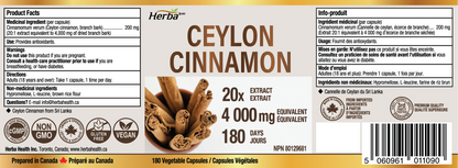 Gélules de cannelle de Ceylan 4000 mg - 180 gélules végétales | Extrait 20:1 | Fabriqué au Canada