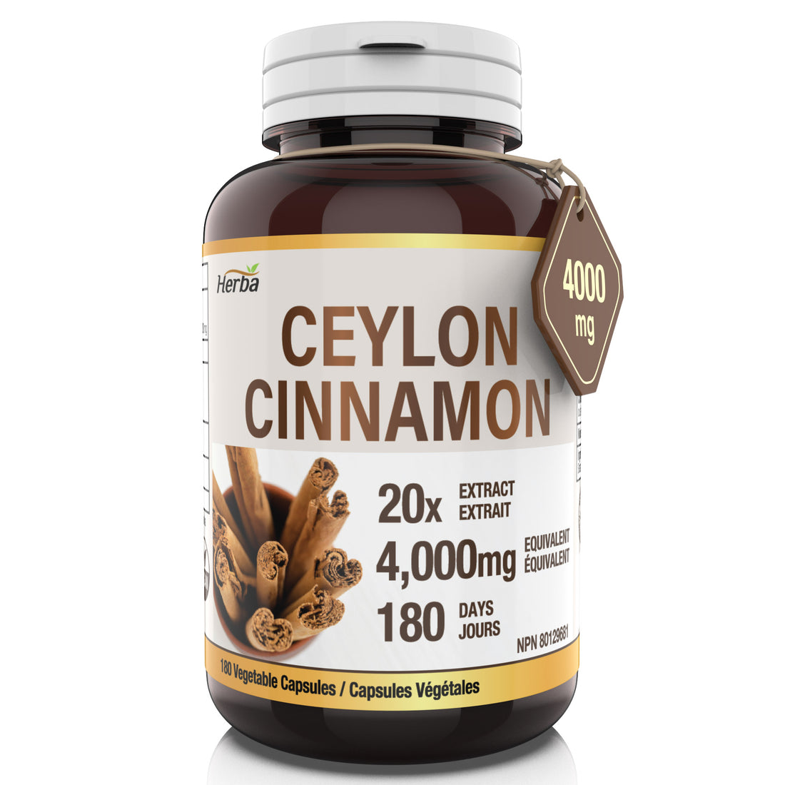Gélules de cannelle de Ceylan 4000 mg - 180 gélules végétales | Extrait 20:1 | Fabriqué au Canada