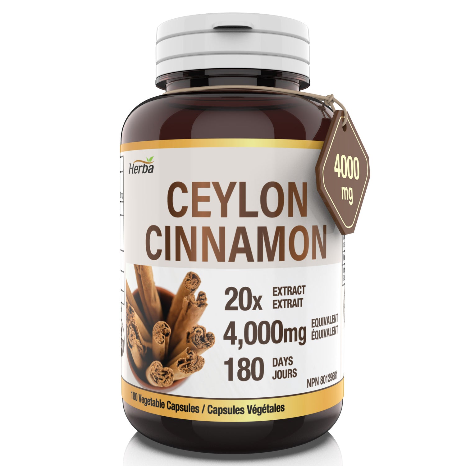 Gélules de cannelle de Ceylan 4000 mg - 180 gélules végétales | Extrait 20:1 | Fabriqué au Canada