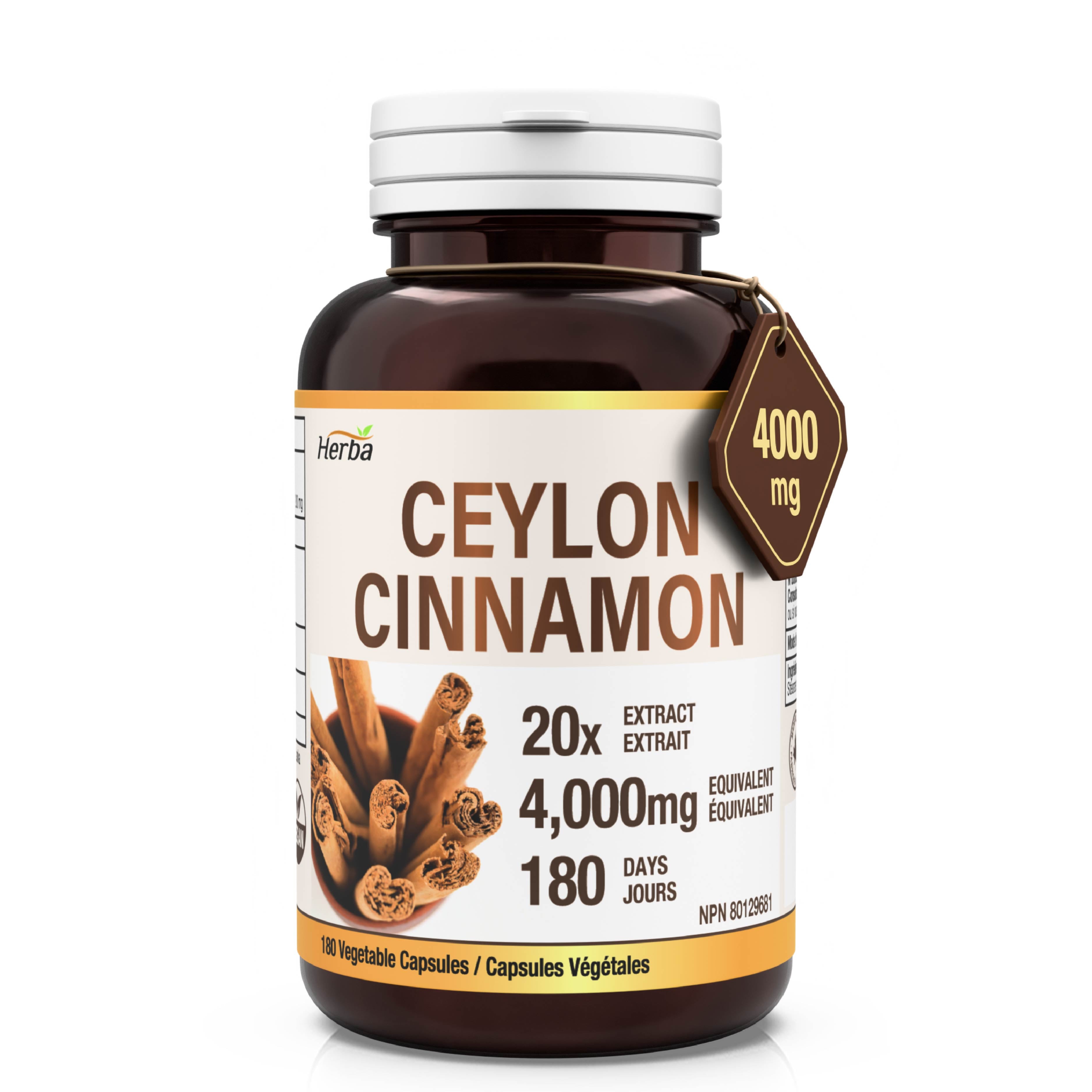 Gélules de cannelle de Ceylan 4000 mg - 180 gélules végétales | Extrait 20:1 | Fabriqué au Canada