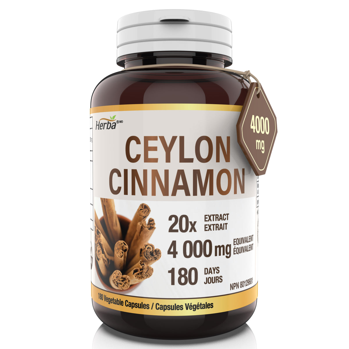 Gélules de cannelle de Ceylan 4000 mg - 180 gélules végétales | Extrait 20:1 | Fabriqué au Canada