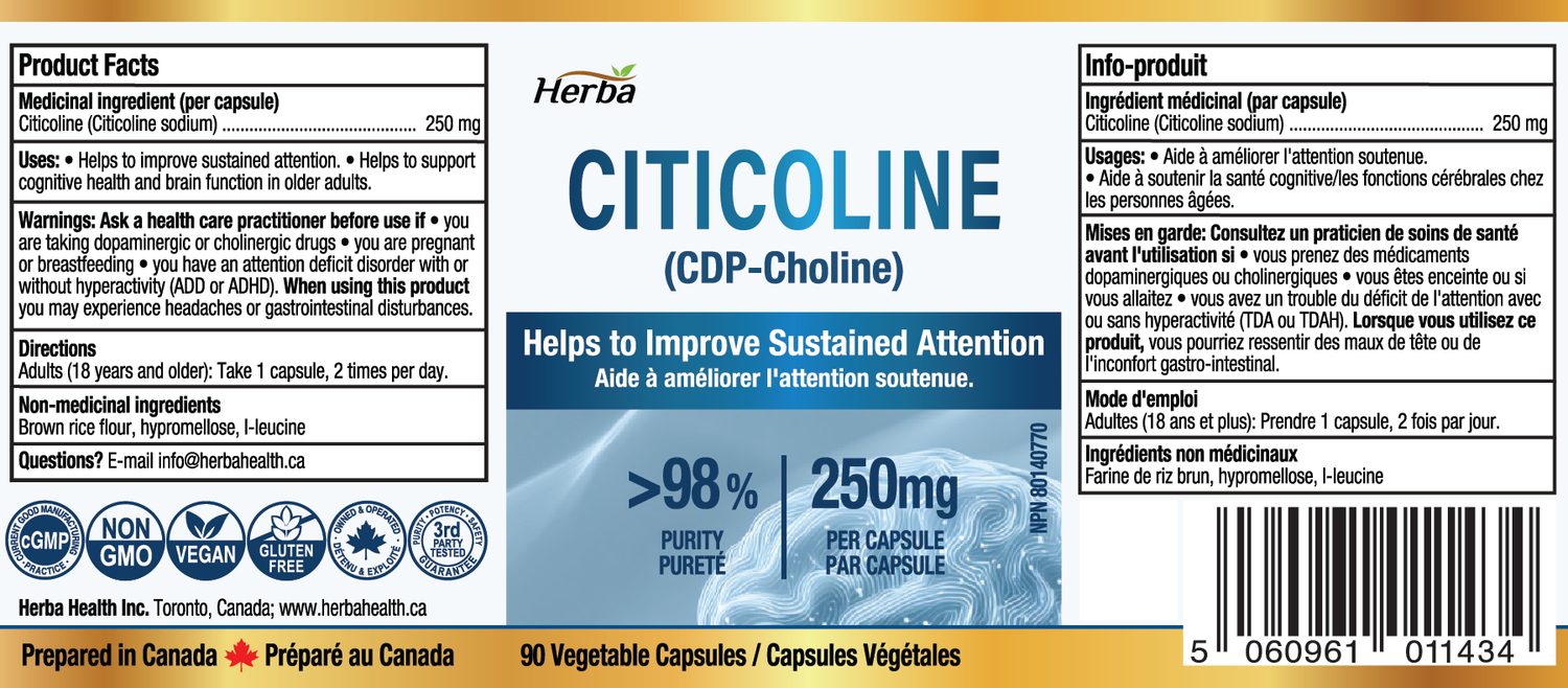 Supplément de Citicoline 250mg – 90 Capsules | &gt;98% Ultra Pur CDP Choline | Fabriqué au Canada