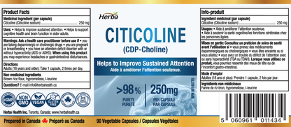 Supplément de Citicoline 250mg – 90 Capsules | &gt;98% Ultra Pur CDP Choline | Fabriqué au Canada