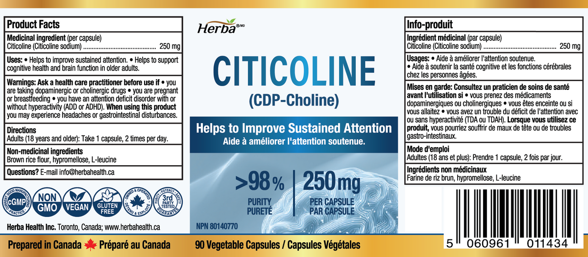 Supplément de Citicoline 250mg – 90 Capsules | >98% Ultra Pur CDP Choline | Fabriqué au Canada