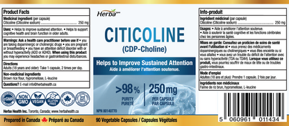 Supplément de Citicoline 250mg – 90 Capsules | >98% Ultra Pur CDP Choline | Fabriqué au Canada