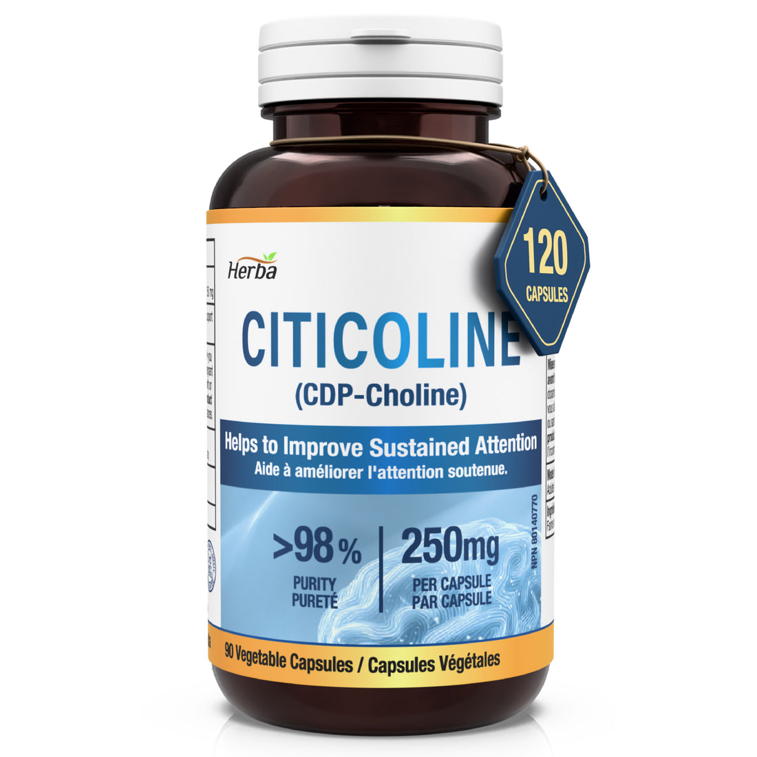 Supplément de Citicoline 250mg – 90 Capsules | &gt;98% Ultra Pur CDP Choline | Fabriqué au Canada