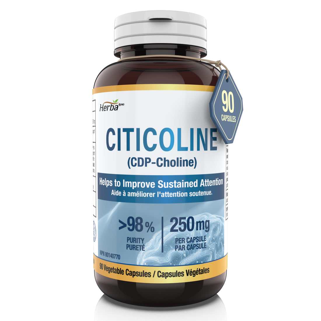Citicoline Supplement 250mg – 90 Capsules | >98% Ultra Pure CDP Choline | Made in Canada