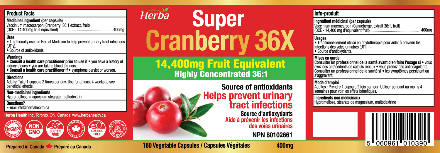 Herba Cranberry Pills for Women and Men – 180 Cranberry Capsules | 28,800mg Per Day | 36:1 Concentration