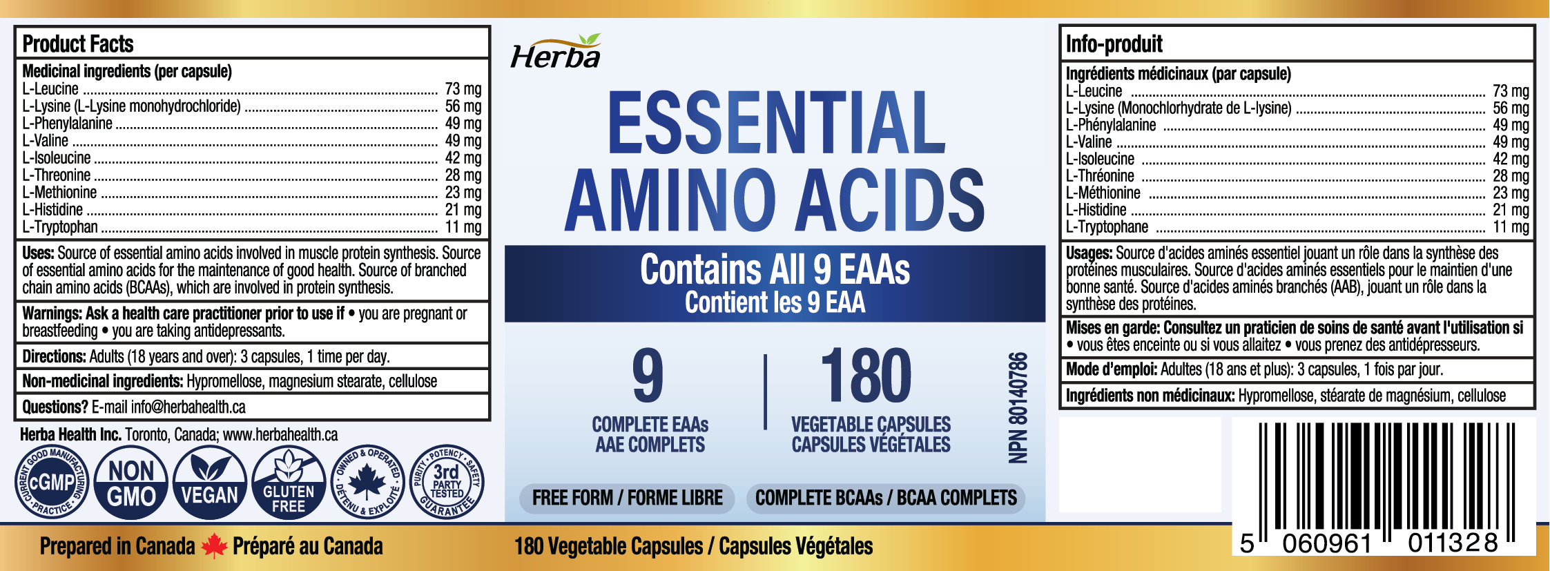 Essential Amino Acids Supplement – 180 Capsules | All 9 EAA Supplement in Free Form | Made in Canada