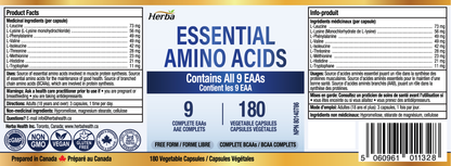 Essential Amino Acids Supplement – 180 Capsules | All 9 EAA Supplement in Free Form | Made in Canada
