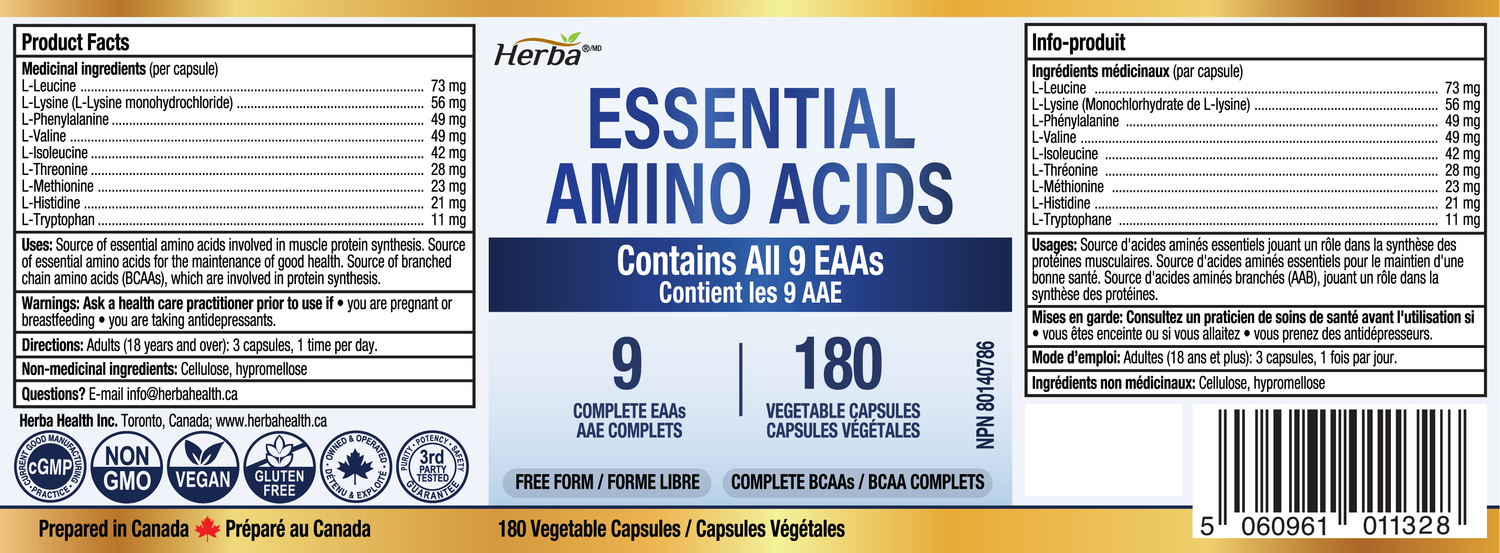 Essential Amino Acids Supplement – 180 Capsules | All 9 EAA Supplement in Free Form | Made in Canada