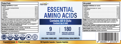 Essential Amino Acids Supplement – 180 Capsules | All 9 EAA Supplement in Free Form | Made in Canada