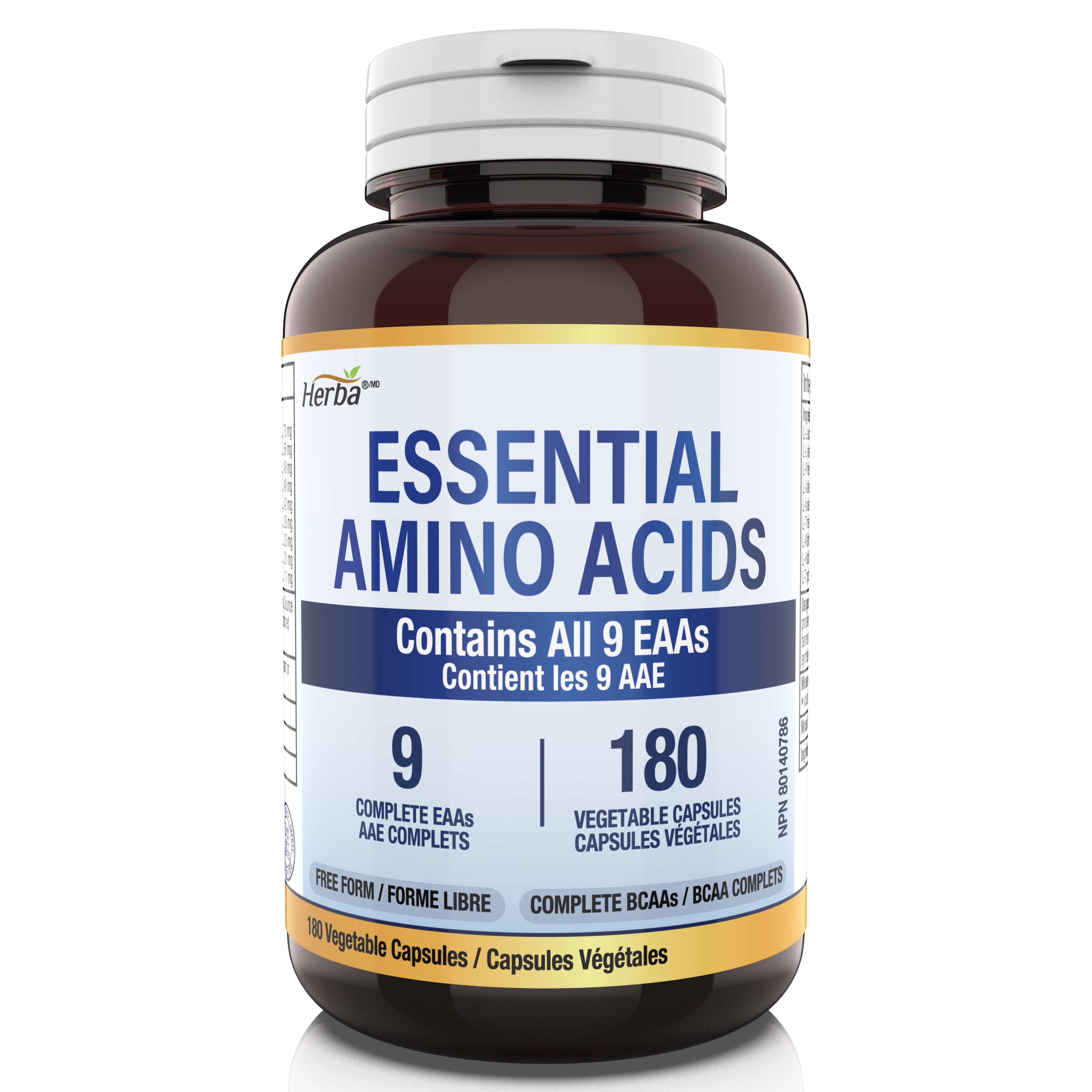 Essential Amino Acids Supplement – 180 Capsules | All 9 EAA Supplement in Free Form | Made in Canada