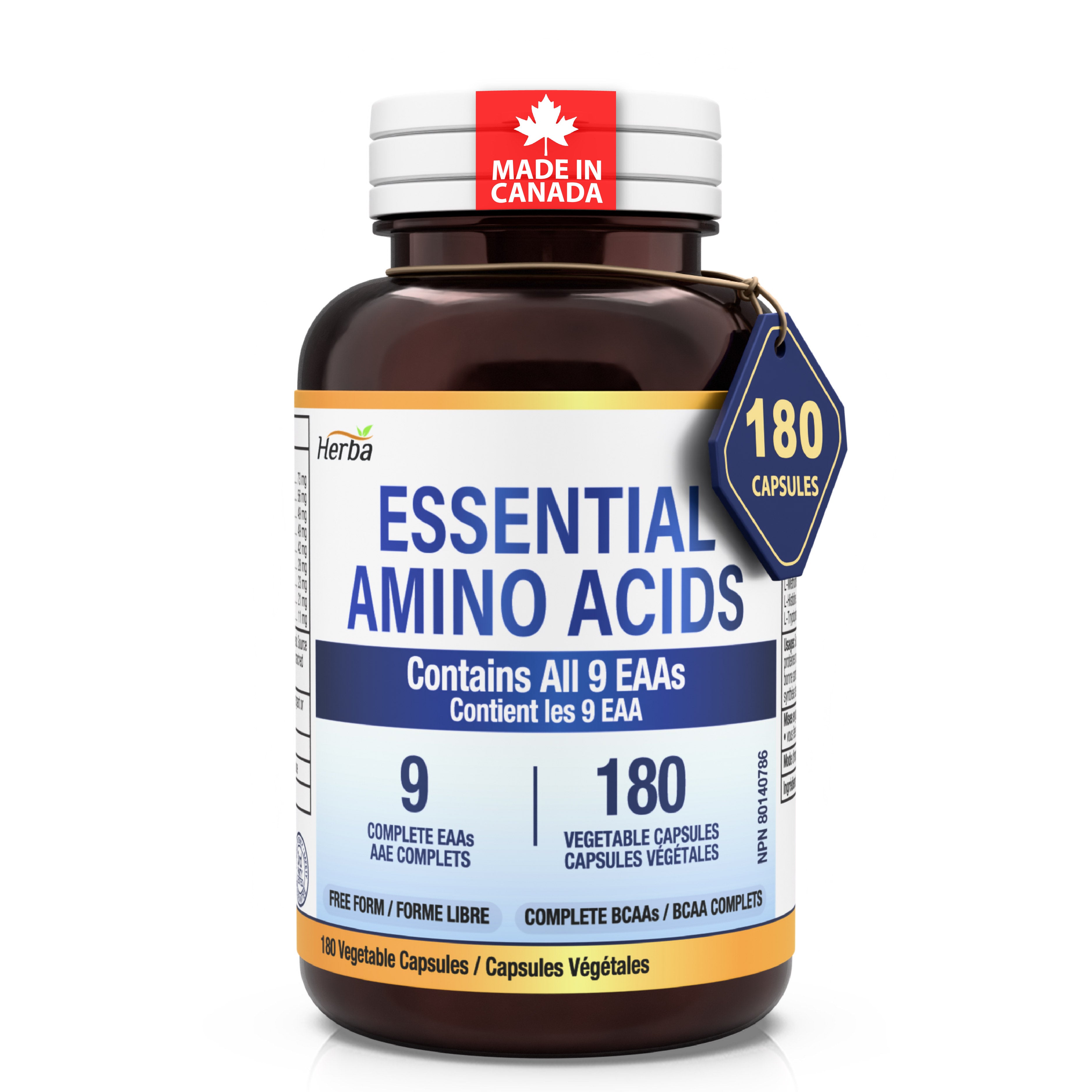 Essential Amino Acids Supplement – 180 Capsules | All 9 EAA Supplement in Free Form | Made in Canada