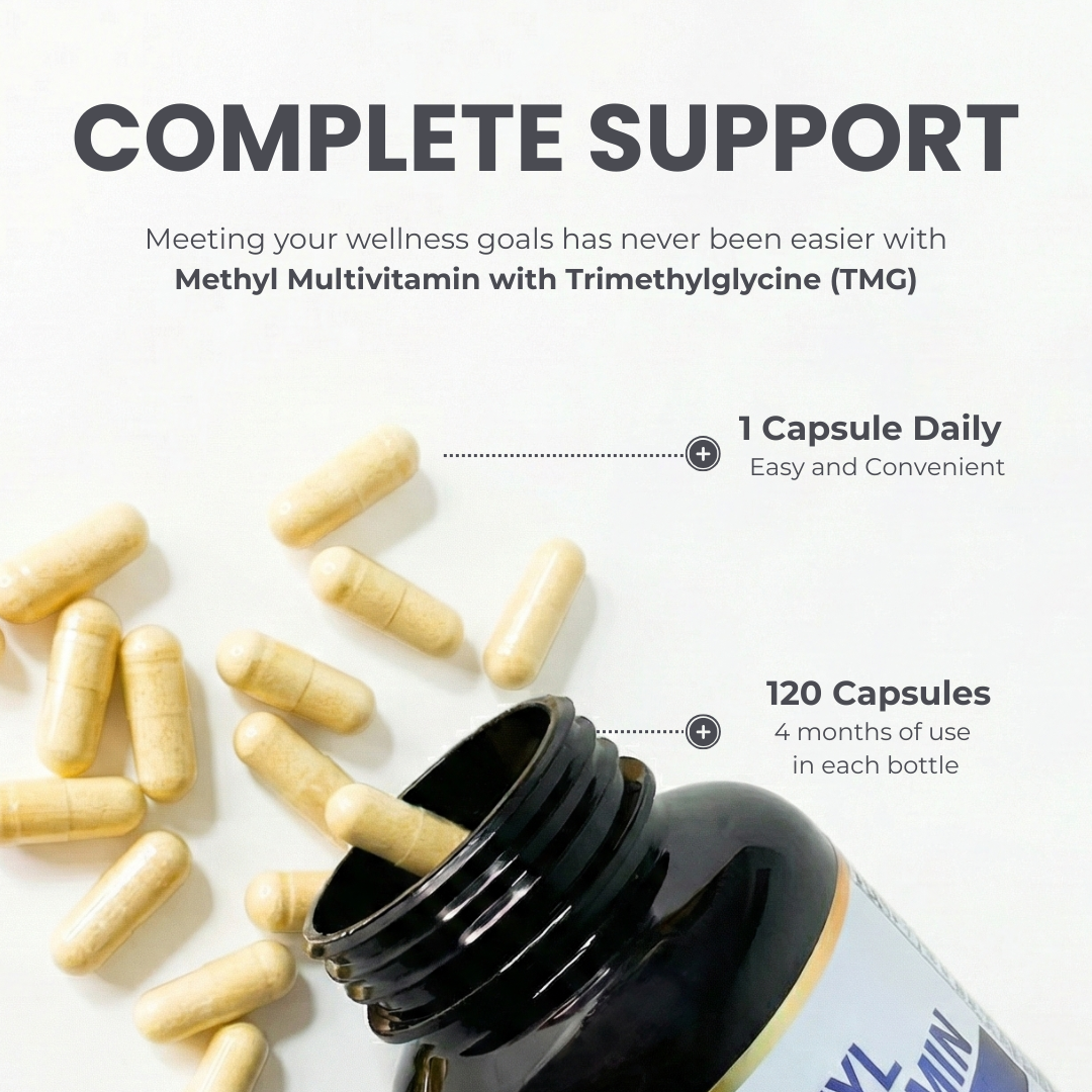 Methylated Multivitamin with TMG &amp; Full Methylated B Complex - 120 Capsules | 15 in 1 Formula | Made in Canada