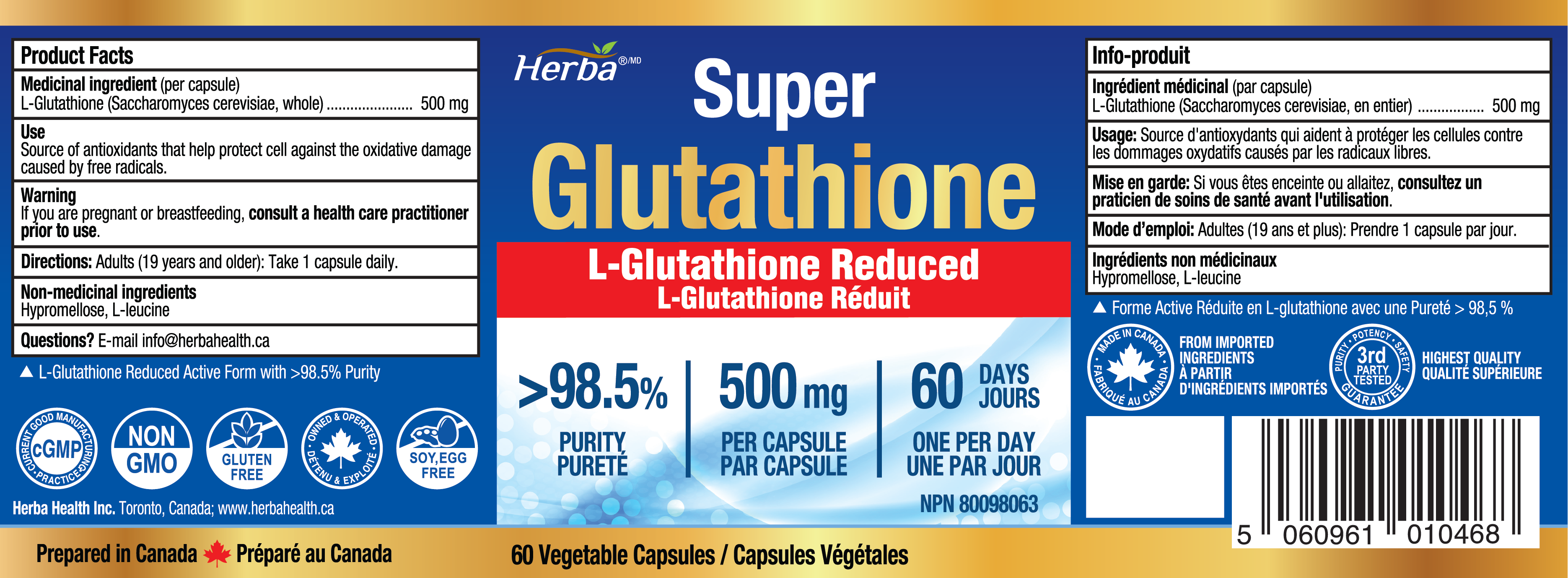 Suppléments de glutathion 500 mg, 60 gélules végétales-L-glutathion forme active réduite