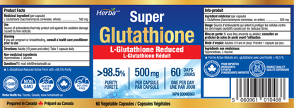 Suppléments de glutathion 500 mg, 60 gélules végétales-L-glutathion forme active réduite